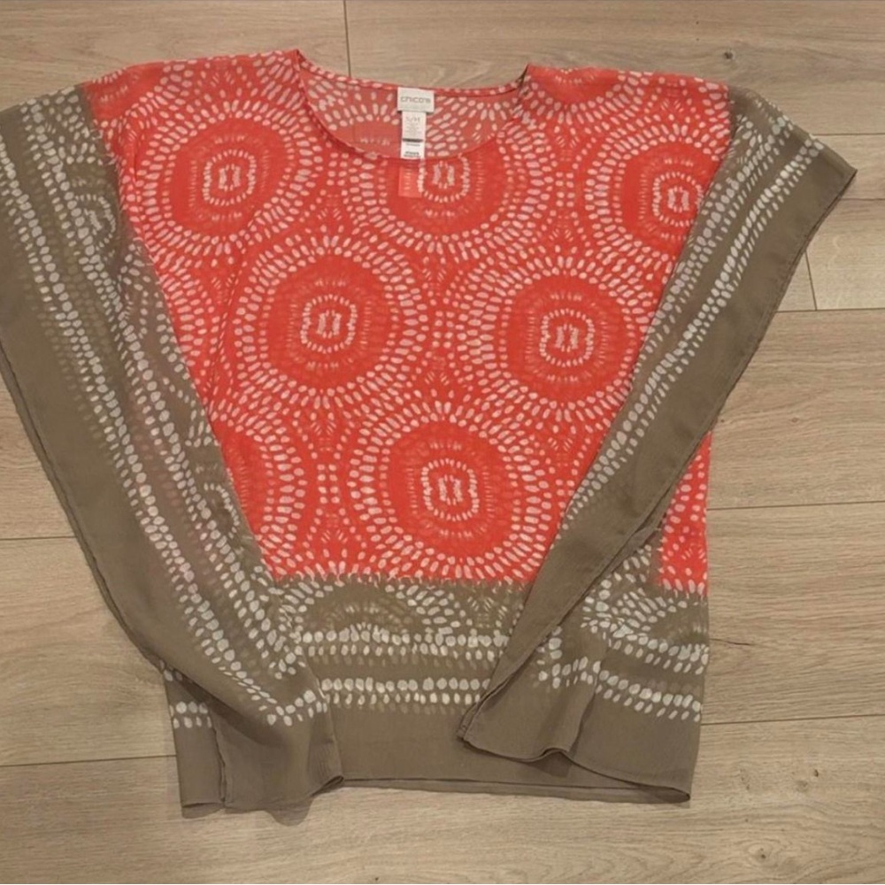 Chico's Vibrant Red and Tan Patterned Blouse